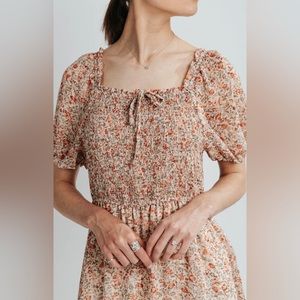 Piper and Scoot smocked floral midi dress in padded peach